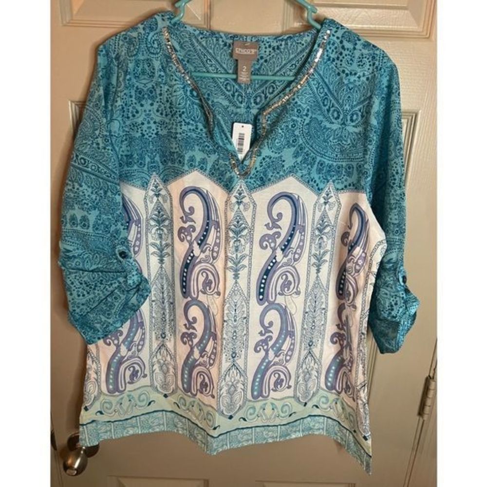 NWT Gorgeous White & Turquoise Chicos Top Large